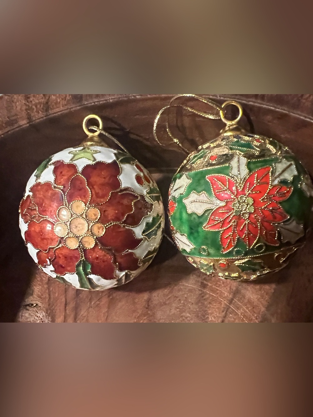 Holiday Poinsettia cloisonné Ornament Set - Red & Green